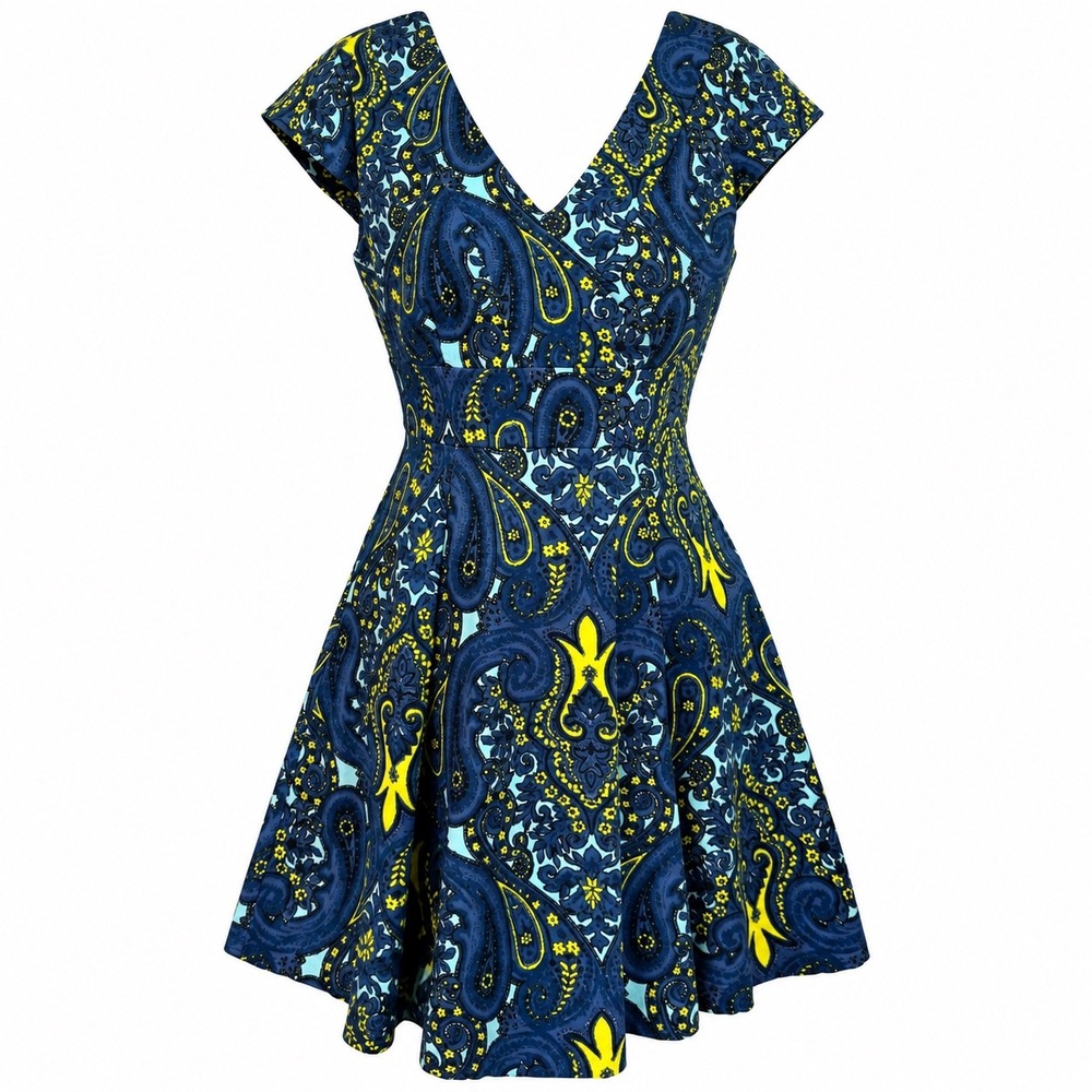Tracy Reese Plenty Melanie Placed Paisley Blue Yellow Fit Flare Dress 8 ZKNU87